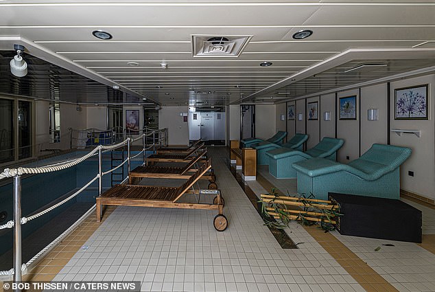 One disturbing image shows a deep, empty pool in a dark room next to wooden lounge chairs and a fallen flower pot.