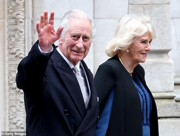 King Charles III departs with Queen Camilla after receiving treatment for an enlarged prostate at the London Clinic on January 29, 2024 in London.