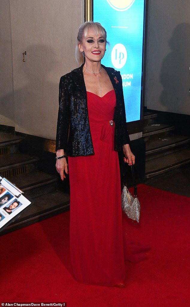 The former Coronation Street actress, 62, radiated elegance in the strapless number and protected her shoulders with a stunning black jacket.