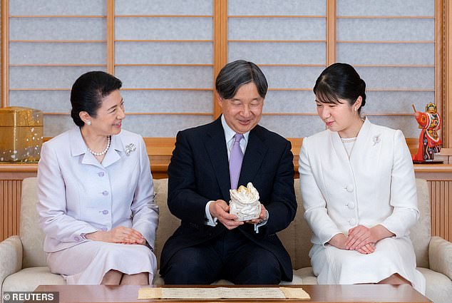 Princess Aiko is the only daughter of Japanese Emperor Naruhito (center), 63, and Empress Masako (left), 60.