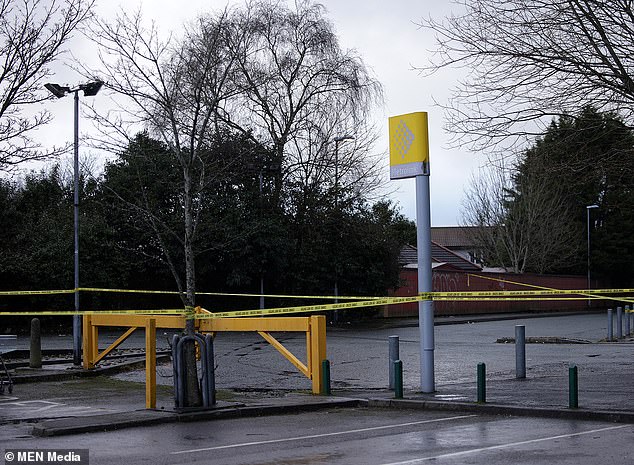 The tape can still be seen in the Morrisons car park. Pictured: Morrisons car park area cordoned off near Newbold Metrolink station