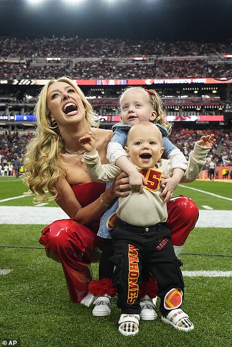 Brittany Mahomes, the wife of Chiefs quarterback Patrick, took the field before kickoff with her children.