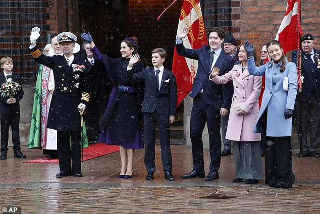 The Danish royal family attends church for the first time since King Frederick was declared monarch on January 14.