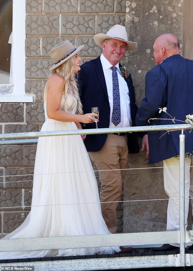 Barnaby Joyce and his wife Vikki Campion (above at their wedding) were talking on the phone late last Wednesday night when he fell from a flower pot onto the footpath.