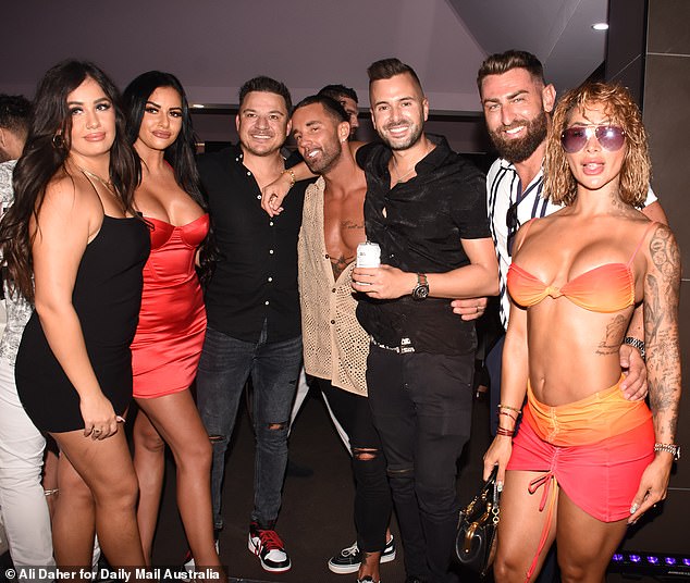 Jack was photographed with guests including MAFS boyfriend Dan Hunjas (third left), FBoy Island contestant Mikey Gelo (third right) and local personal trainer Ryan Gregory (second right).