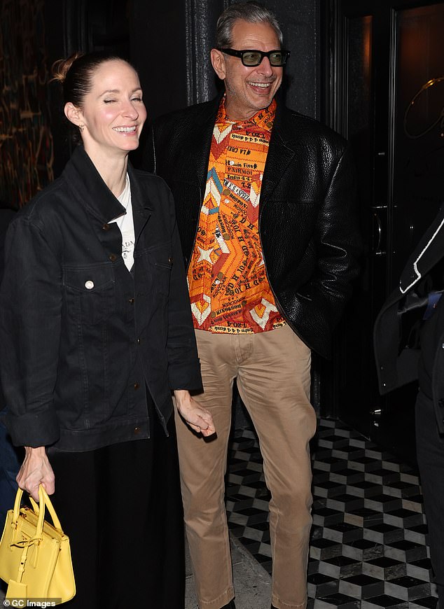 Goldblum, 71, is seen in Los Angeles, California, last month with his wife, Emilie Livingston (left).