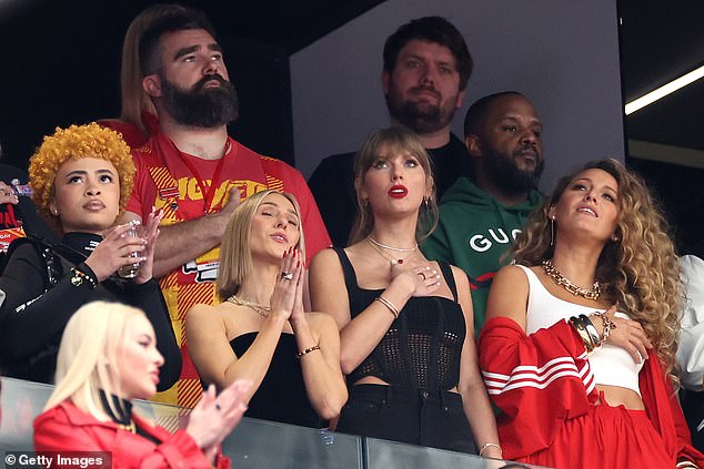 Taylor Swift and Blake Lively are seen watching the Chiefs in front of Travis' brother Jason.