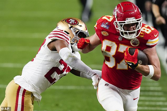 Kelce runs after a catch against the 49ers during Super Bowl LVIII in Las Vegas on Sunday.