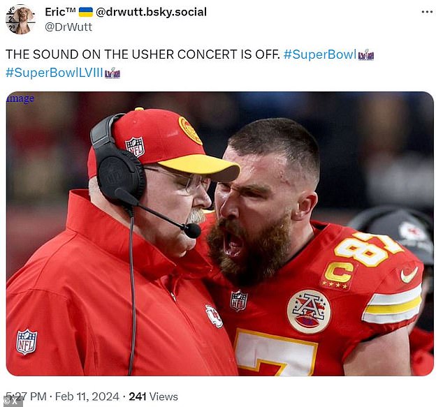 One social media user created a meme based on the photo of Travis Kelce collapsing on the bench and wrote: 