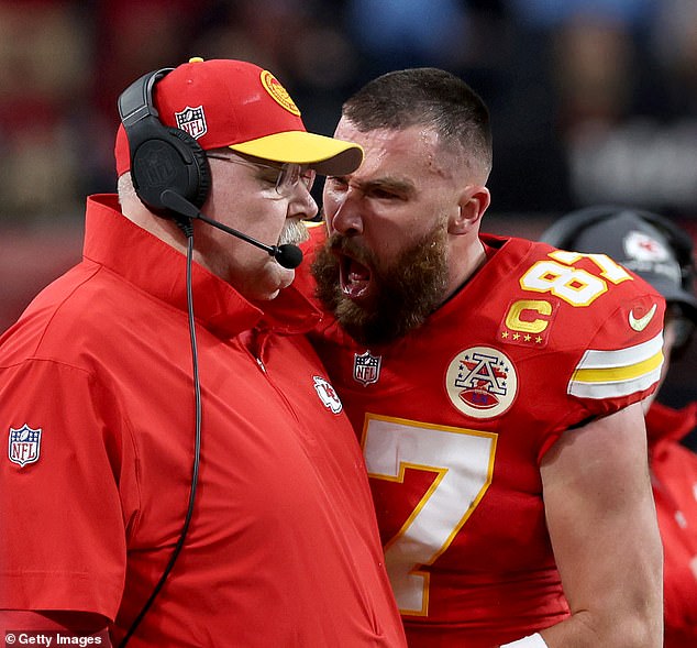 However, Kelce could have been the villain when he pushed his coach Andy Reid, 65, in the first half.
