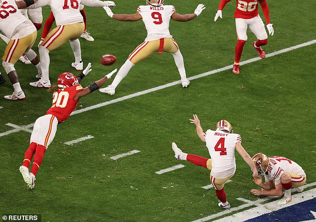 Jake Moody scored a 55-yard kick to break the deadlock and put the 49ers ahead, at the time the longest kick in Super Bowl history.