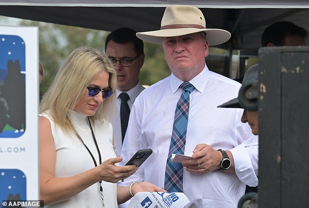 Barnaby Joyce is pictured with his wife Vikki Campion on Tuesday, the day before the scene on Lonsdale Street. His father, Peter, has said the politician received devastating family news on the day of the incident.
