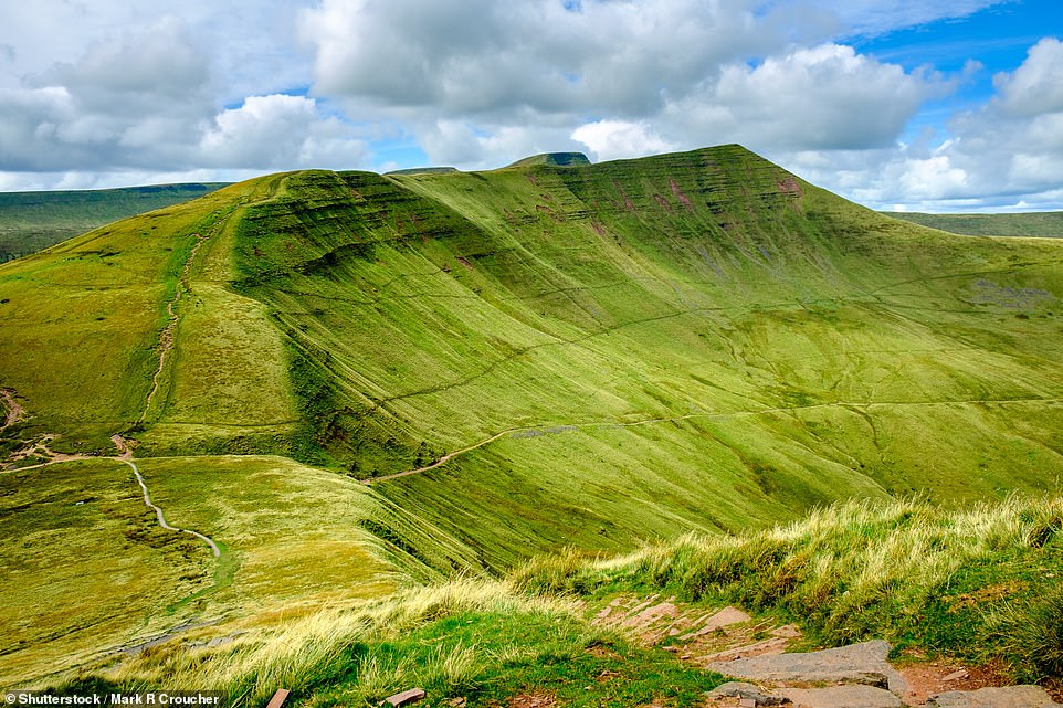 This image shows the panoramic descent from the remarkably named Fan y Big in the Brecon Beacons.