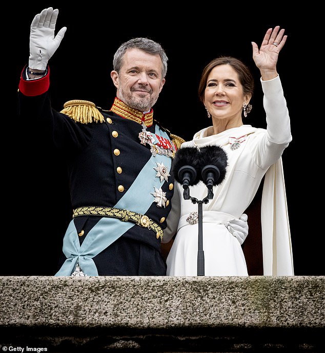 Pictured: King Frederick and Queen Mary of Denmark greet the crowds outside Christiansborg Palace following the abdication of Queen Margaret.