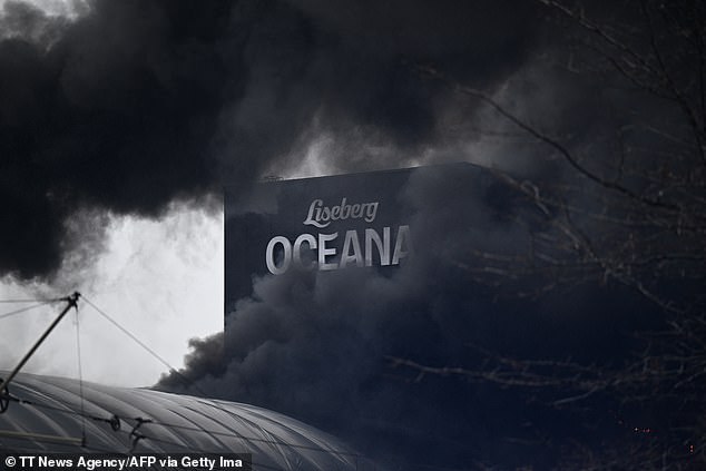 Clouds of smoke are seen over an Oceana Waterworld structure at the Liseberg amusement park in Gothenburg, Sweden, on February 12, 2024.