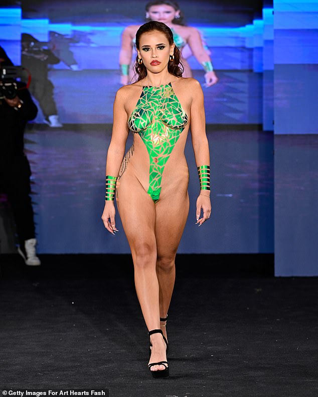 A neon green look incorporated small pieces of tape applied to create a monokini effect.