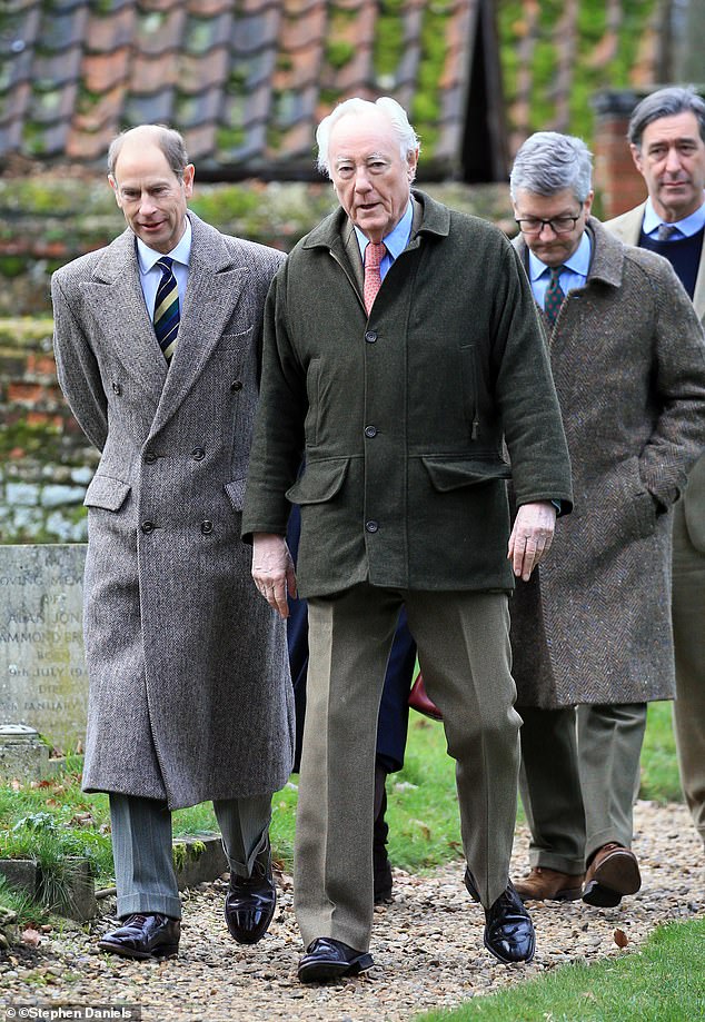 The royal was pictured chatting with other parishioners at the Sunday service at Castle Rising Church today (pictured).