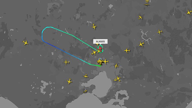 The transmission of squadron code 7700, which indicates an emergency, caused the flight to become the most tracked in the world: almost 10,000 people followed it on FlightRadar24.com (pictured: the plane's trajectory).