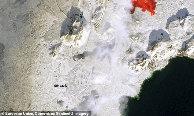 In this close-up of the satellite image you can see how close the lava flows came to the city as the gas cloud traveled over the previously inhabited area.  You can also see the black rock left behind by an eruption in January that destroyed at least three homes.