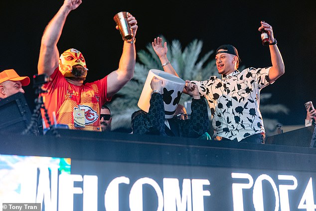 Kelce, celebrating his brother Travis' victory, was seen going crazy in a Mexican wrestling mask alongside Chiefs quarterback Patrick Mahomes.