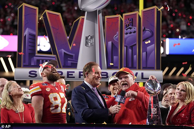 Kelce (second left) and Reid celebrate after the Chiefs earned an overtime victory against the San Francisco 49ers in Super Bowl LVII on Sunday night in Las Vegas.