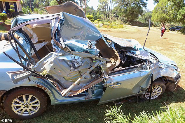 The vehicle's roof was torn off after Kitptum's car crashed into a tree on Sunday.