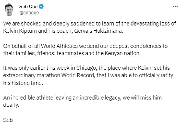 World Athletics president Seb Coe led tributes to the 24-year-old on social media.