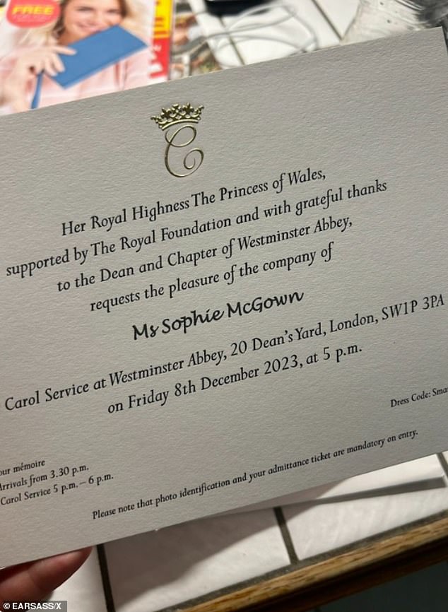 Sophie McGown, who designed a pair of earrings in memory of her cousin Issy Phipps, revealed on Twitter that she was a guest at Kate's Carol concert.