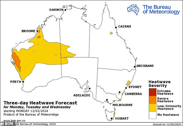 Most of Western Australia, parts of Queensland, Victoria, New South Wales and Tasmania will continue to experience heatwave conditions this week (pictured, map of heatwave affected regions)