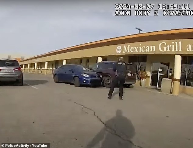An Ohio police officer shot a woman through the windshield as she clung to the roof of her car after she ran him over in a wild police chase caught on camera. (In the photo: one of the sergeants approaching the vehicle while it reversed, moments before it crashed)