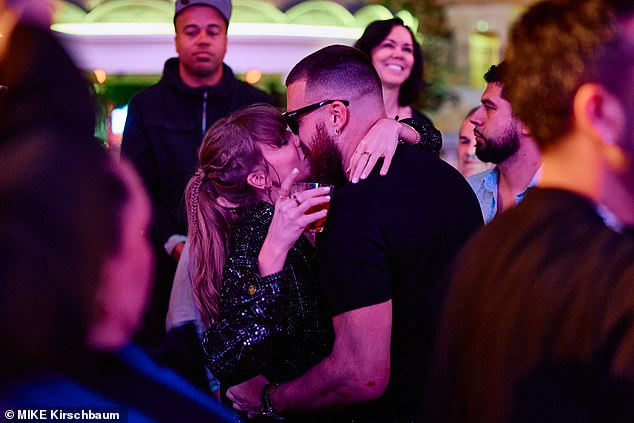 Kelce and Swift kissed to their song 'Love Story' at the Chiefs' victory party in Las Vegas