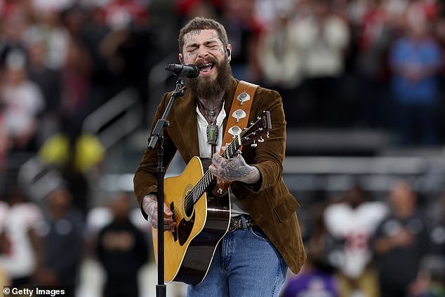 Post Malone sang one of the three anthems: 'America The Beautiful' before the Super Bowl began