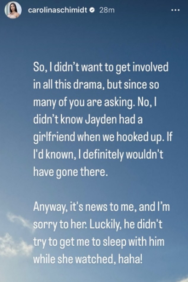 The incident, which occurred before Jayden signed up for Married At First Sight, took a turn on Monday when Carolina shared an Instagram Story claiming that the kickboxer actually had a girlfriend at the time.