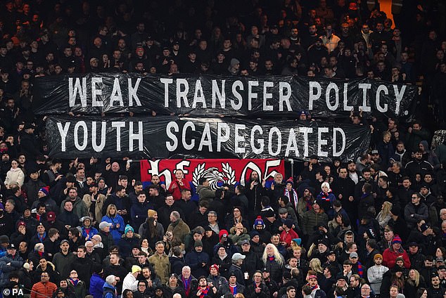 Crystal Palace fans held up banners protesting the club's ownership of Selhurst Park.