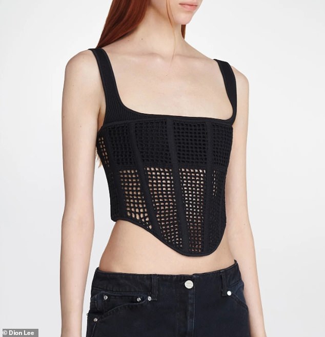 Swift paired the popular Dion Lee Crochet Corset Top ($650) with black thigh-slit jeans.