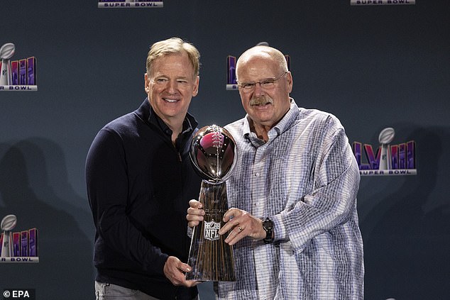Reid is now tied with San Francisco's Bill Walsh and Washington's Joe Gibbs in terms of Super Bowl wins (3). Pictured with NFL Commissioner Roger Goodell.