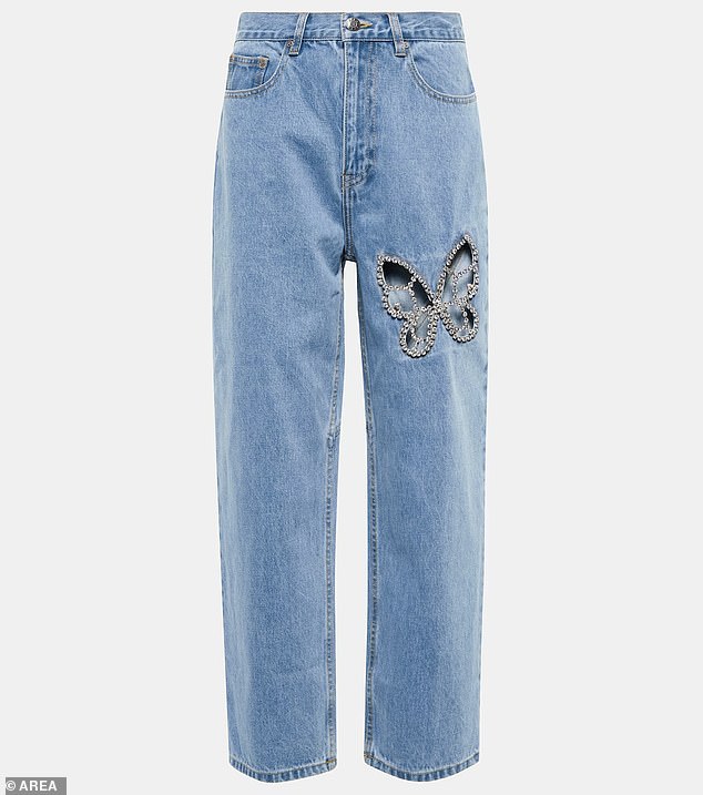 Previously, Taylor wore high-waisted, embellished straight-leg jeans ($745) with a butterfly on the thigh from the same brand.