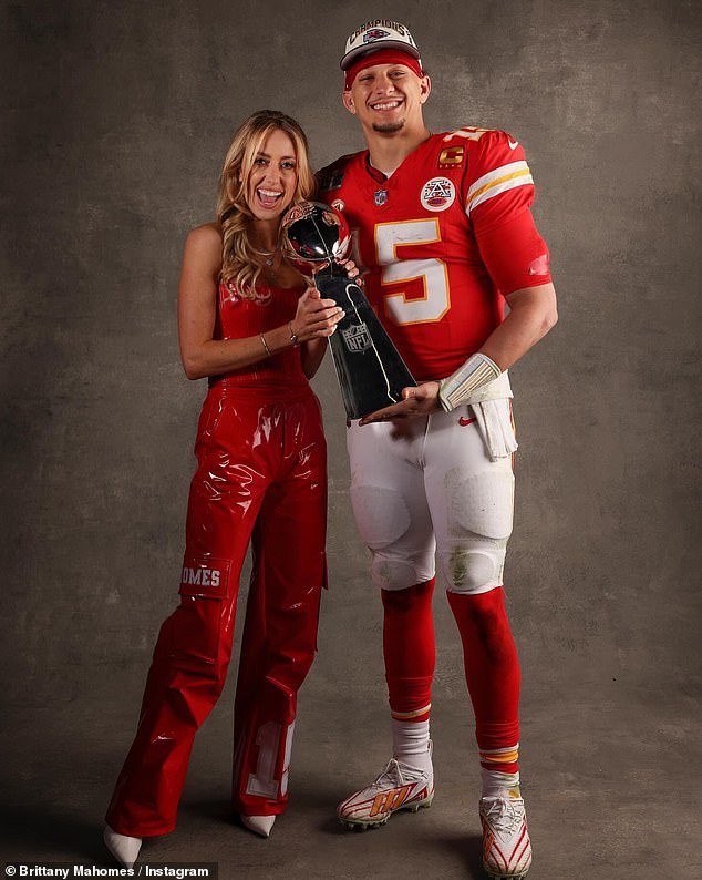 The quarterback, pictured with his wife Brittany, hoisted the Lombardi Trophy for the third time.
