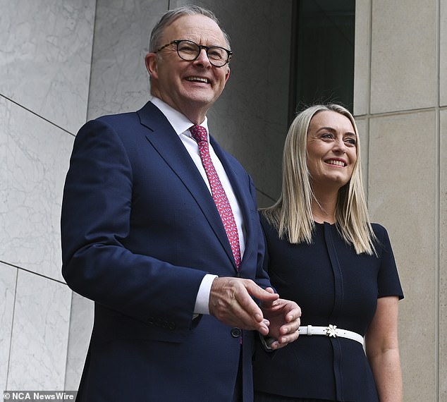 Albanese (pictured with partner Jodie Haydon) acknowledged the defeat of the Voice referendum in his speech and said his government would respect the result.