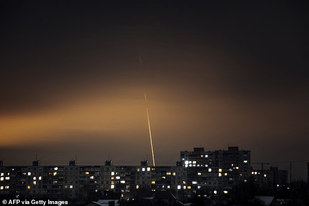 This photo taken on January 23, 2024 shows a missile launched from Russia's Belgorod region flying towards Kharkiv, eastern Ukraine, amid the Russian invasion of Ukraine.