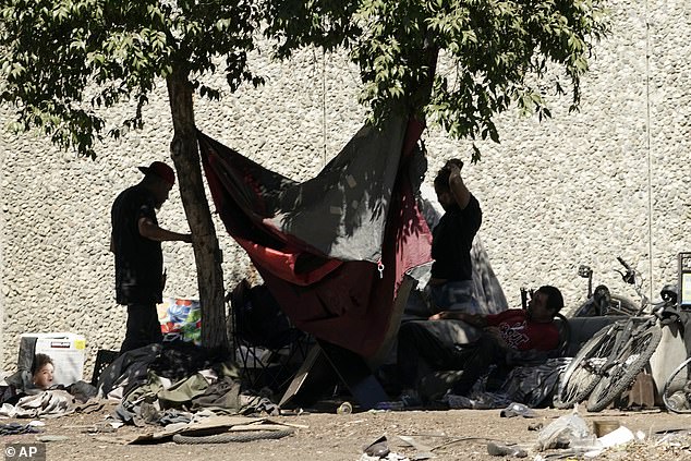 A homeless encampment stands in the shade of a tree in Sacramento