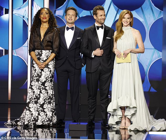 Meghan Markle's former Suits co-star Gina Torres, 54, Patrick J. Adams, 42, Gabriel Macht, 51, and Sarah Rafferty, 51, enjoyed a reunion at the 81st Golden Globes on Sunday.