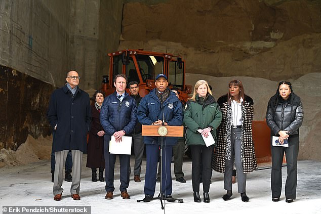 Mayor Eric Adams and top administration officials held a press conference at the DSNY Spring Street Salt Shed on Monday.
