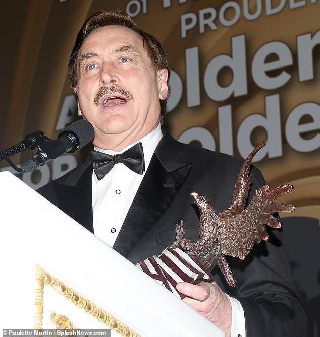 MyPillow founder Mike Lindell received the 2024 Patriot Award from Trumpettes USA at the event.