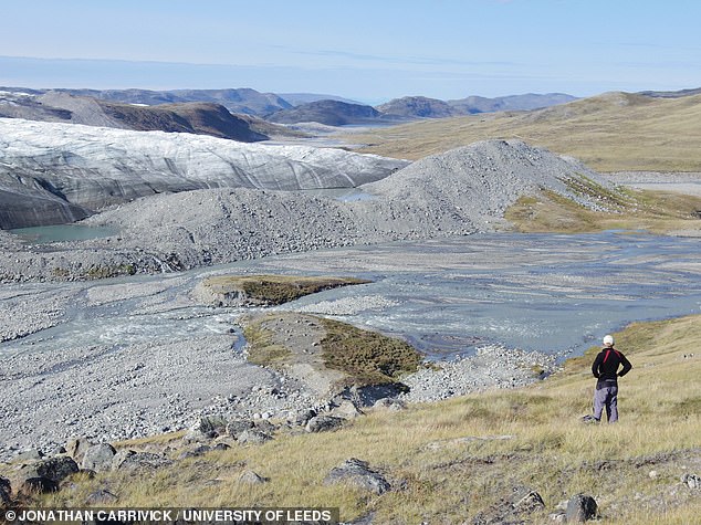 The total area of ​​ice loss (11,000 square miles) is roughly equivalent to the size of Albania or slightly smaller than the area of ​​Belgium and slightly larger than Wales.  Here, exposed bushland on the Russell Glacier and proglacial area, near Kangerlussuaq, west Greenland.