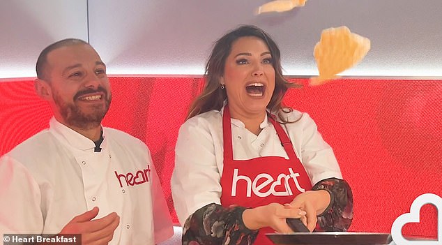 At the Heart Radio studios, Kelly Brook and JK caused chaos by turning the studio into a mini kitchen, playing with pancake ingredients, including whipped cream.