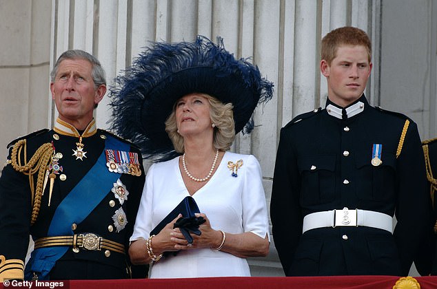 Charles, Camilla and Harry watch a flyover from the balcony of Buckingham Palace in July 2005.