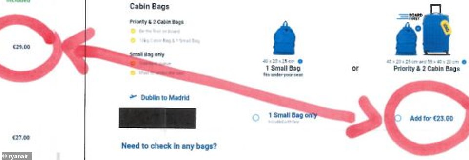 Ryanair highlighted that eSky (price circled on the left) charges more than Ryanair.com (price circled on the right) for priority boarding.