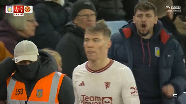 A Villa fan then launched into an obscenity-filled tirade at Hojlund as he headed to the bench.