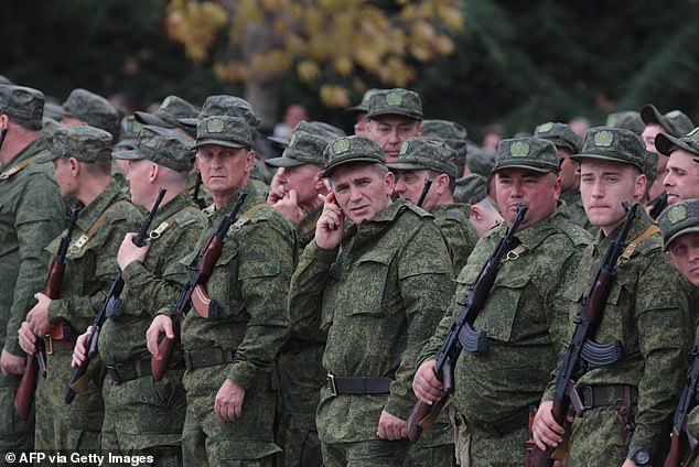 Elderly reservists recruited during partial mobilization are seen in 2022 attending a departure ceremony in Sevastopol, Crimea, before heading to the front (file photo)